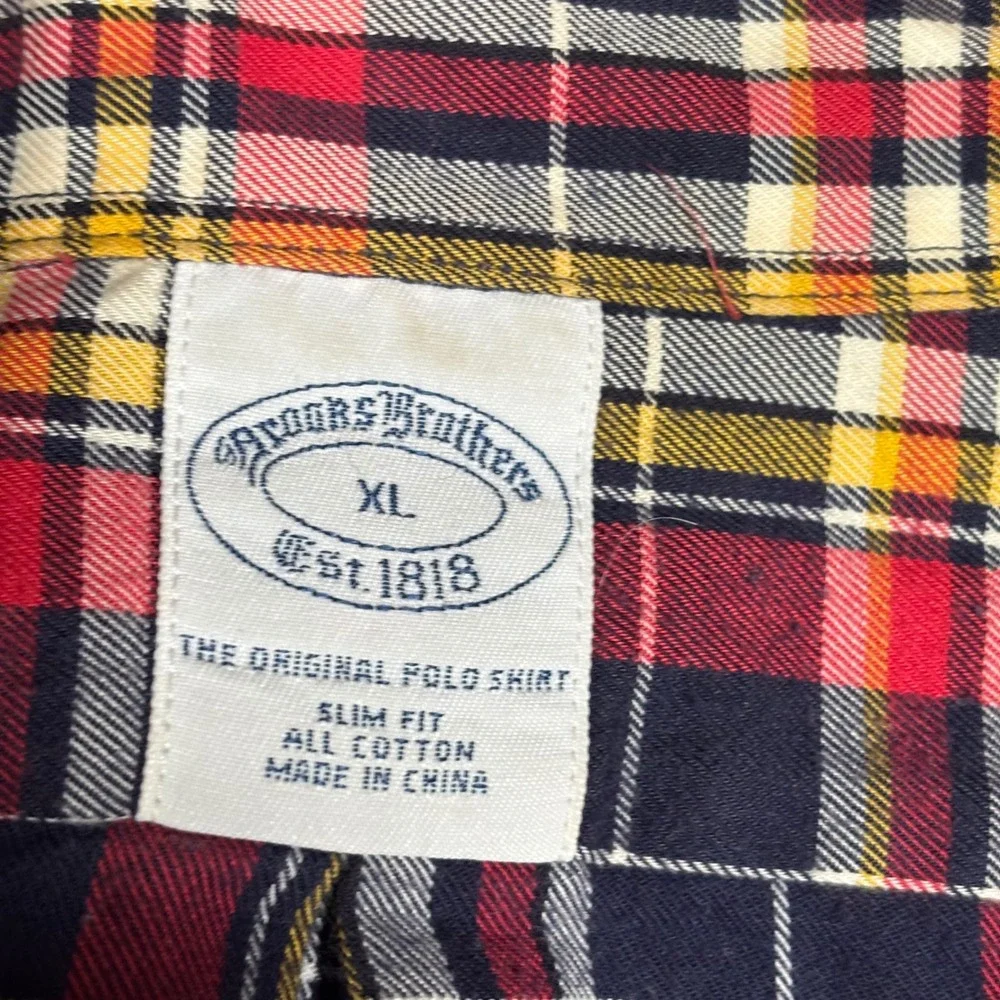 Brooks Brothers Button Down Shirt Mens XL Red Plaid Slim Fit Cotton Polo Shirt